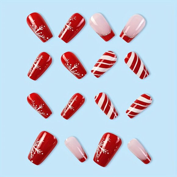 24Pcs Christmas Press on Nails Set - Short Ballet Fake Nails with Red & White - Picture 2 of 7